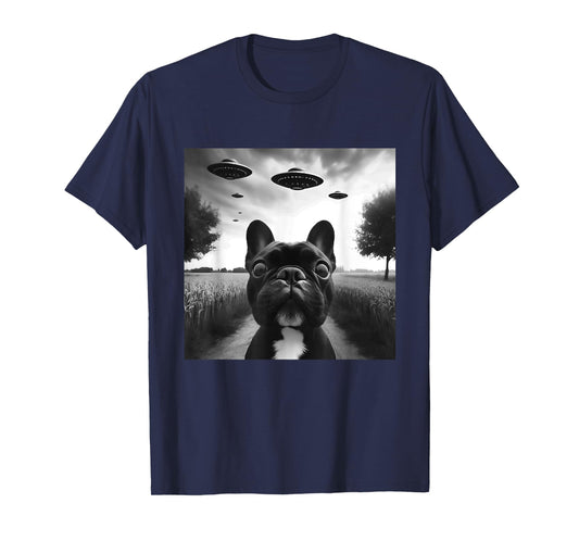 French Bulldog Funny Graphic Selfie with UFOs Weird Aliens T-Shirt