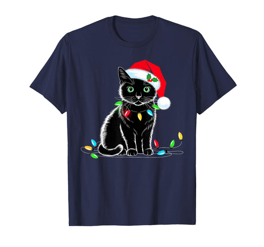 Black Cat Christmas Lights Santa Hat Funny Xmas Cat Lover Men Women Kids T-Shirt