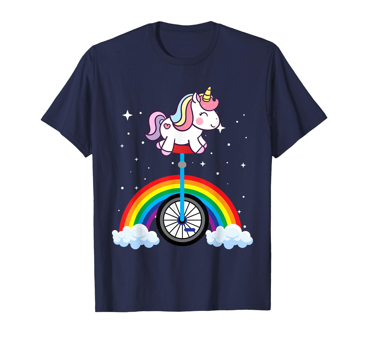 Unicorn Riding Unicycle Boys Girls Women Kids Teens Rainbow T-Shirt