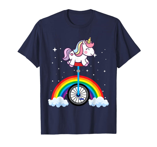 Unicorn Riding Unicycle Boys Girls Women Kids Teens Rainbow T-Shirt