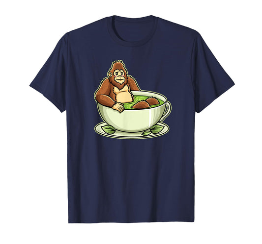 Bigfoot in Matcha Cup Funny Cryptid Tea Humor T-Shirt