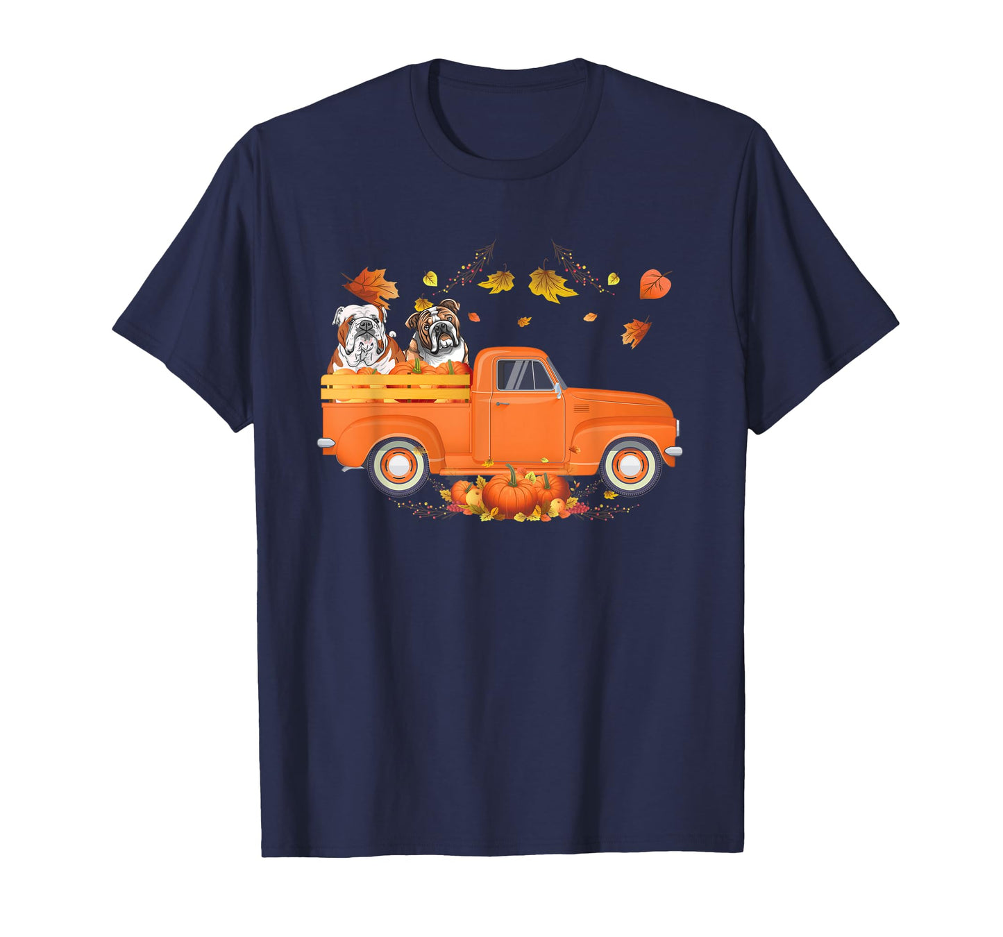 Bulldog Pumpkin Truck Fall Leaf Thanksgiving Halloween Men Women Kids T-Shirt