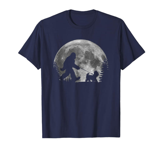 Bigfoot Walking a Dog Funny Yorkie Lovers Moon Halloween T-Shirt for Men Women Kids