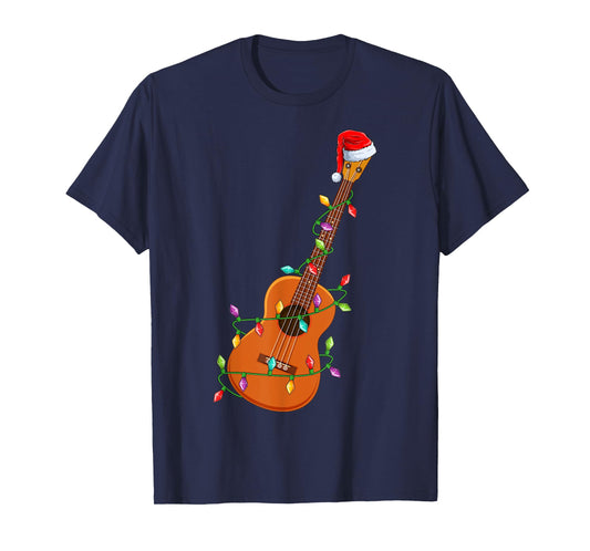 Xmas Lights Santa Hat Musical Ukulele Guitar Christmas T-Shirt
