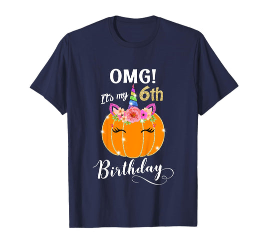 Kids OMG It's My 6th Birthday Floral Pumpkin Unicorn, Halloween T-Shirt