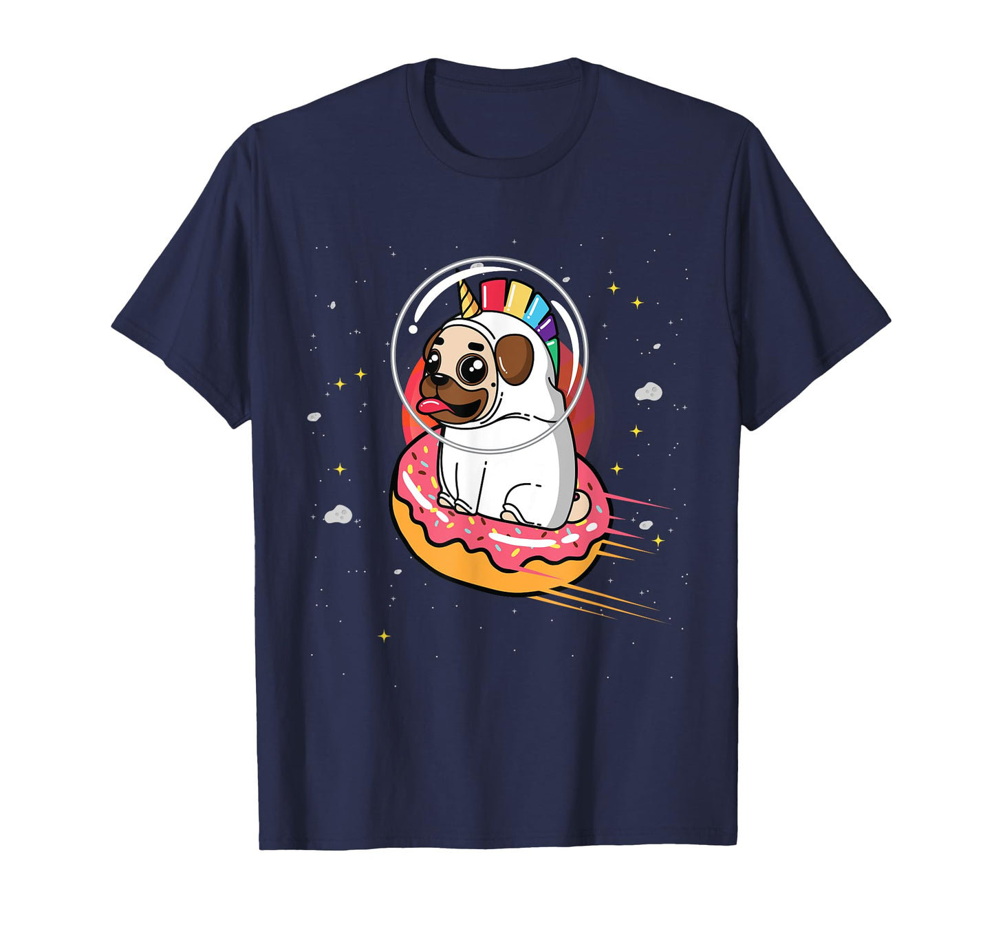 Pug in Rainbow Unicorn Costume riding Donut in Space T-Shirt