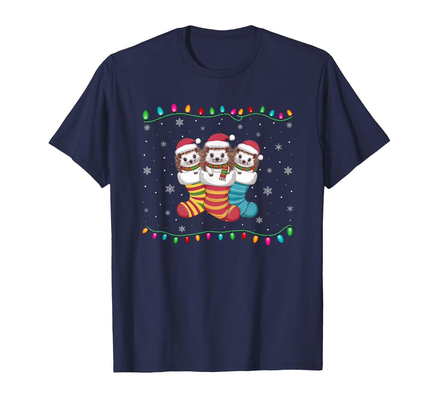 Xmas Tree Lights Funny Hedgehog in Christmas Socks T-Shirt
