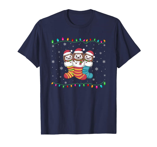 Xmas Tree Lights Funny Hedgehog in Christmas Socks T-Shirt