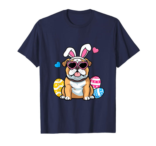 Cute English Bulldog Dog Bunny Ears Sunglasses Easter Day Men Women Girls Kids T-Shirt