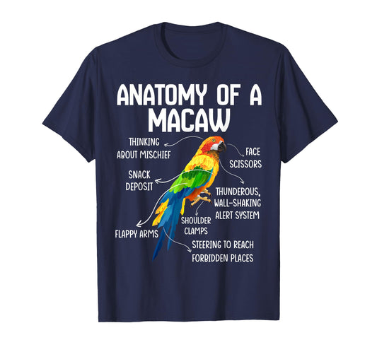 Anatomy of a Macaw Macaw Blue Yellow Hybrid Macaw Bird T-Shirt