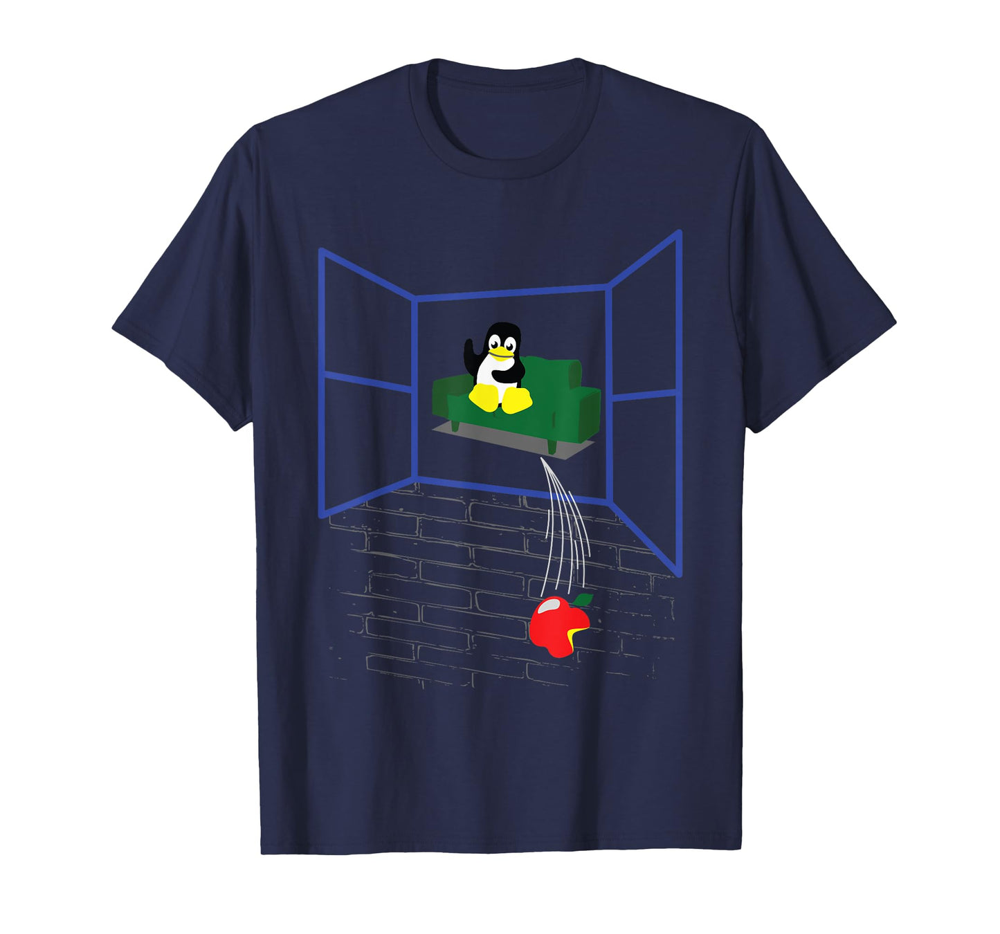 Womens Linux Penguin Throws an Apple Through the Window Funny Shirt Large Black