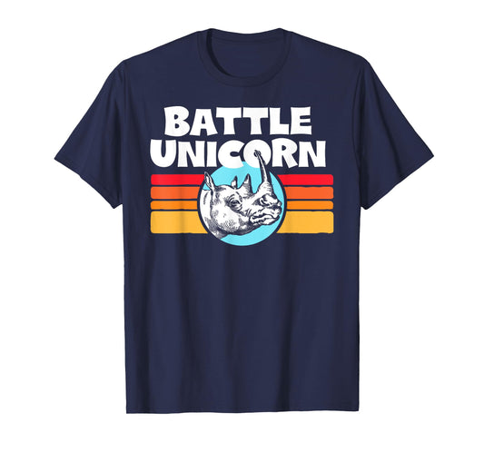 Battle Unicorn! Funny Retro 80s Rainbow Rhino Rhinoceros T-Shirt