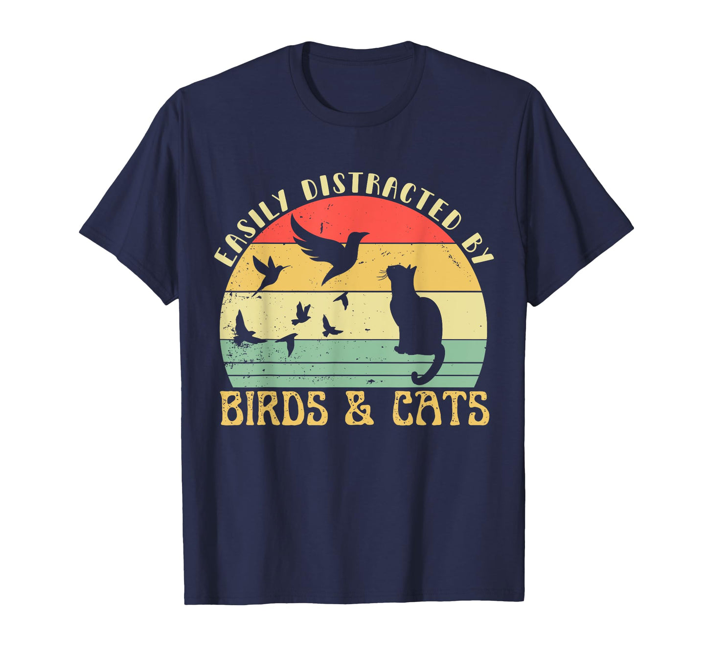 Retro Pet Cat Birds Lover Easily Distracted By Birds & Cats T-Shirt for Men Women Girls Kids