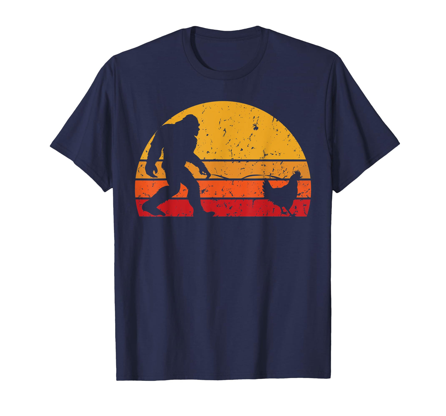 Vintage Sunset Bigfoot Walking Chicken Funny T-Shirt