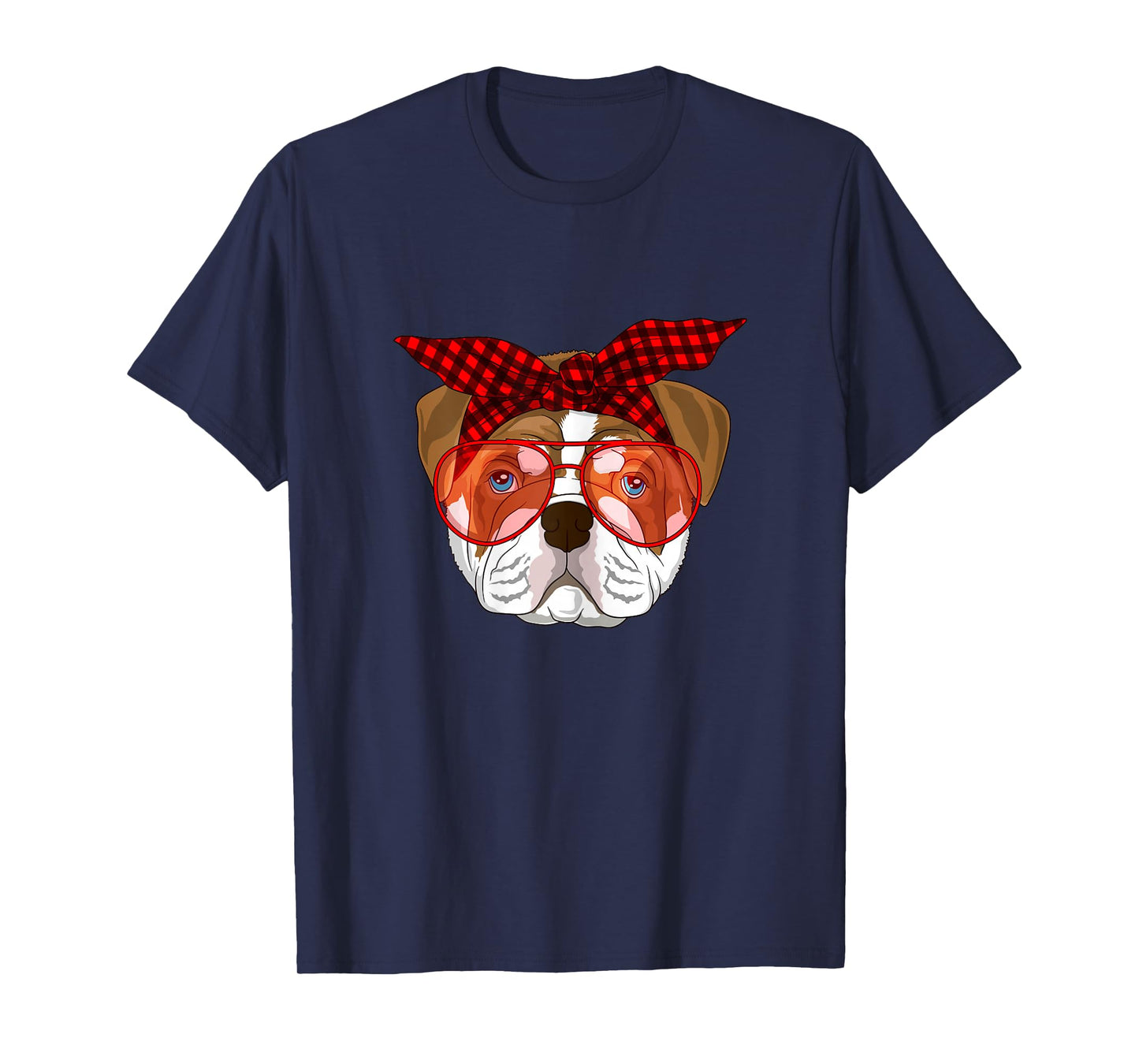 English Bulldog Xmas red plaid bandana Glasses T-Shirt