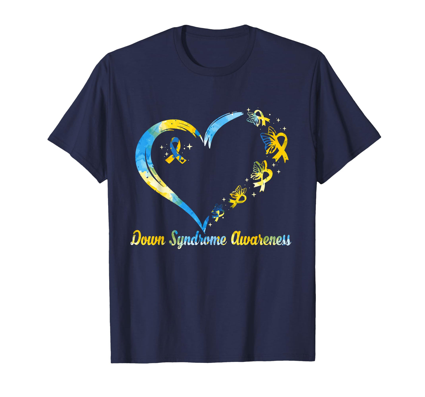 Rainbow Heart Down Syndrome Awareness Blue Yellow Ribbon T-Shirt