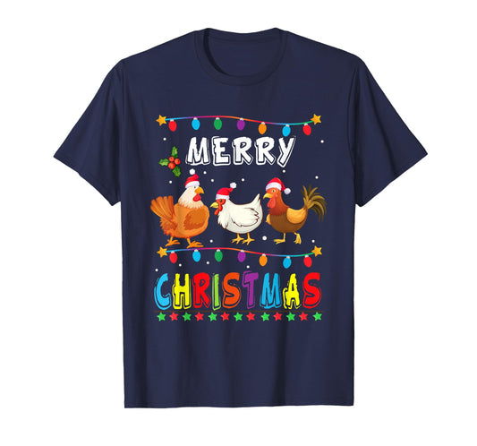 Merry Christmas Chicken Shirt Santa Hat Lights Xmas Funny T-Shirt