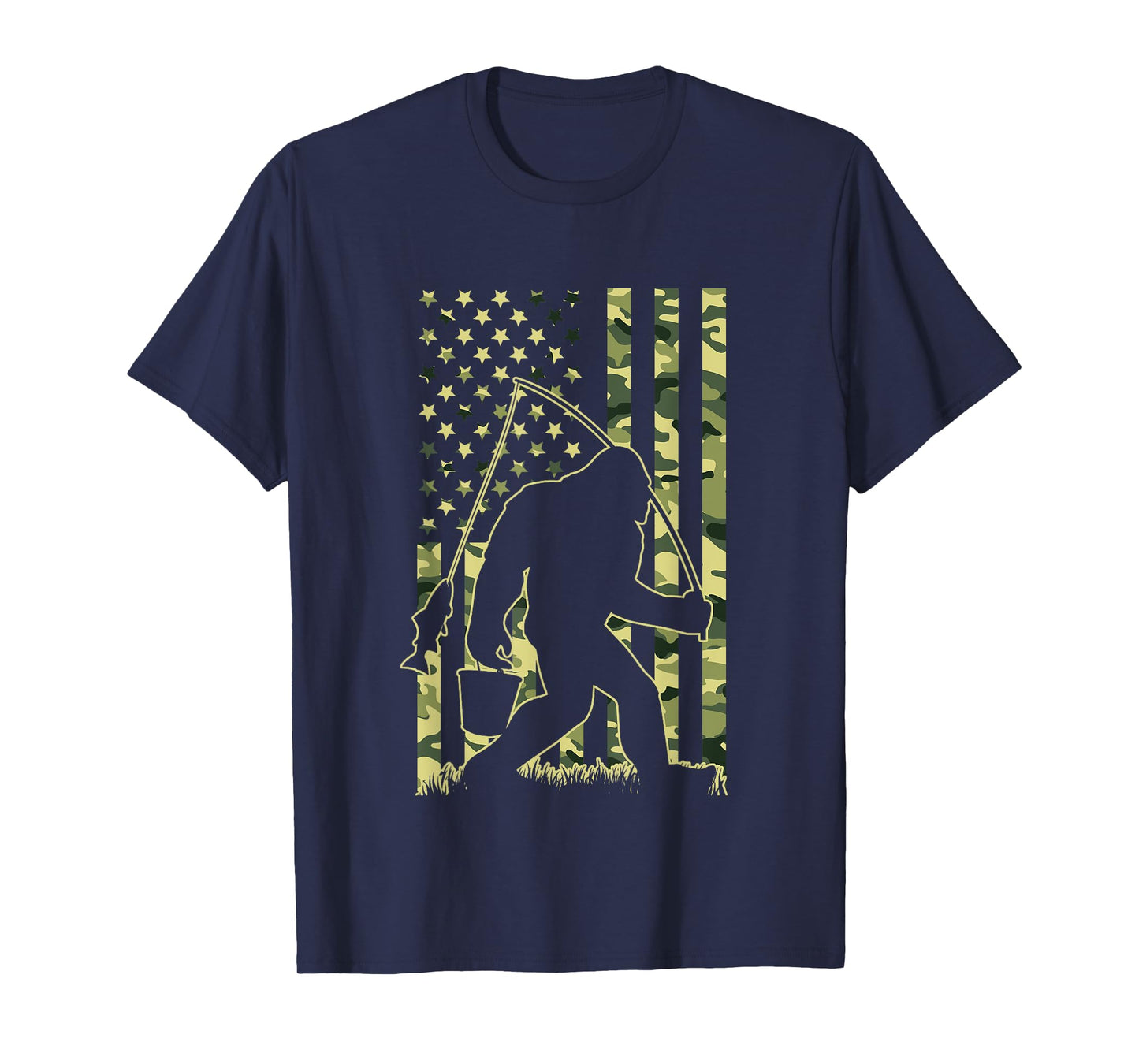 Bigfoot Fishing with Camo American Flag Funny Fisherman T-Shirt