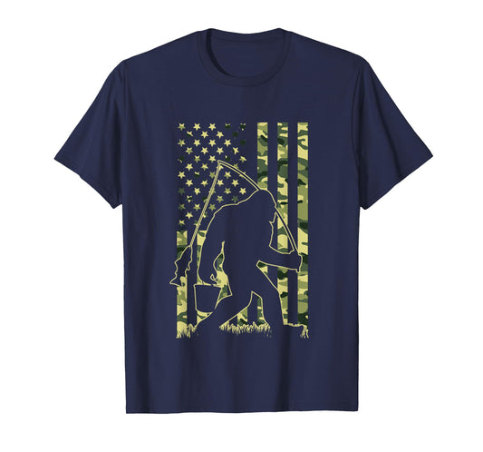 Bigfoot Fishing with Camo American Flag Funny Fisherman T-Shirt