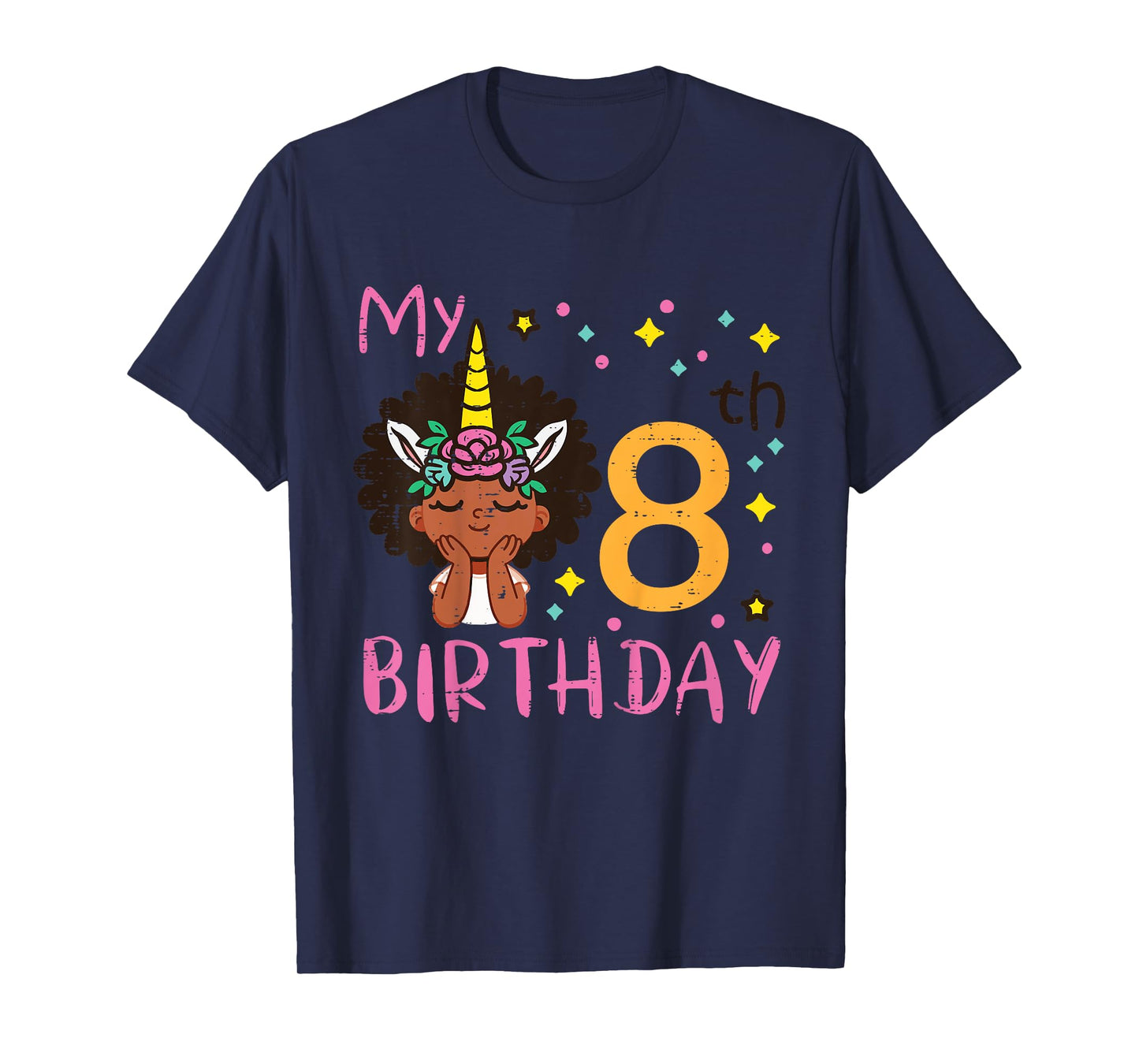 8th Birthday Afro Black Girl Unicorn 8 Year Old Bday Girls T-Shirt