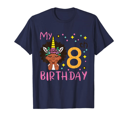 8th Birthday Afro Black Girl Unicorn 8 Year Old Bday Girls T-Shirt