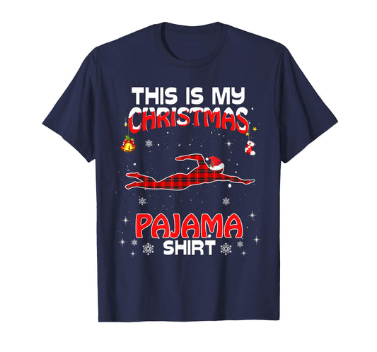 This Is My Christmas Pajama Shirt Red Plaid Swimming Xmas T-Shirt