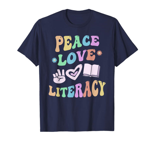 PEACE LOVE LITERACY Retro Reading Pink Groovy School T-Shirt