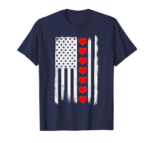 Valentines Day USA American Flag Hearts For Mens Boys Kids T-Shirt