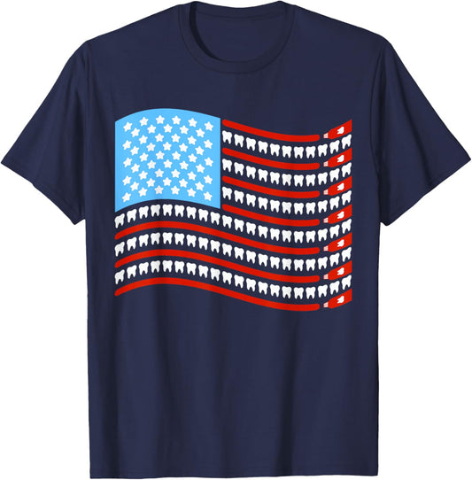 American USA Dental Flag Pediatric Dentist 4th Of July Tooth T-Shirt