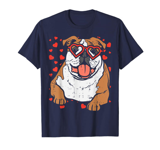 Heart Glasses English Bulldog Cute Valentines Day Dog Gift Men Women Kids T-Shirt
