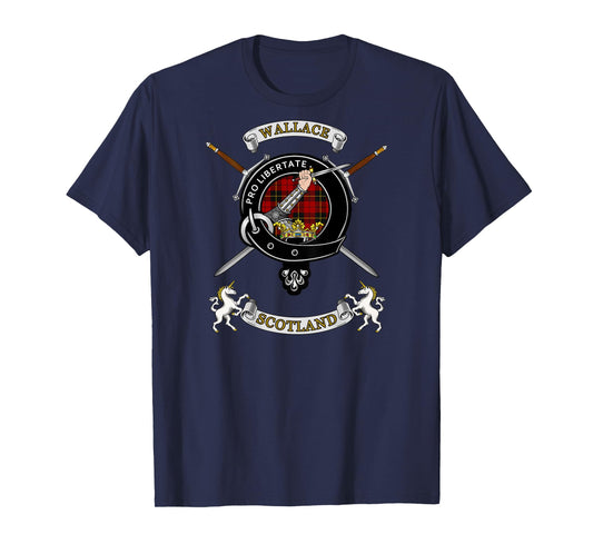 Wallace Clan Badge Tartan & Swords (back) T-Shirt