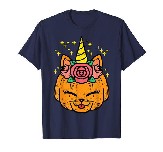 Pumpkin Unicorn Cat Cute Halloween Costume Girls Women Kids T-Shirt