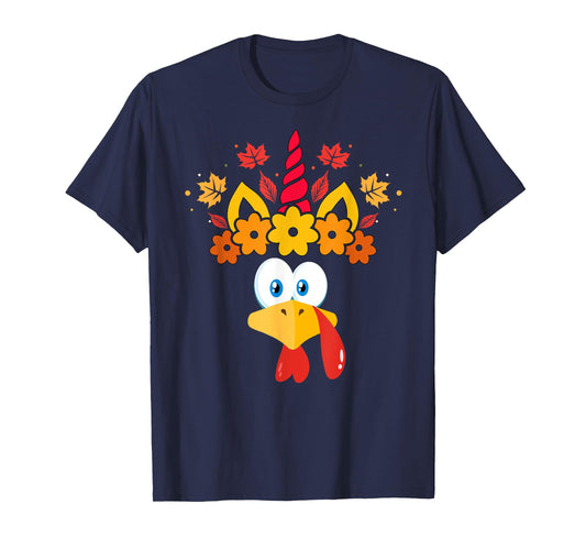 Funny Turkey Unicorn Face Girls Thanksgiving Kids T-Shirt