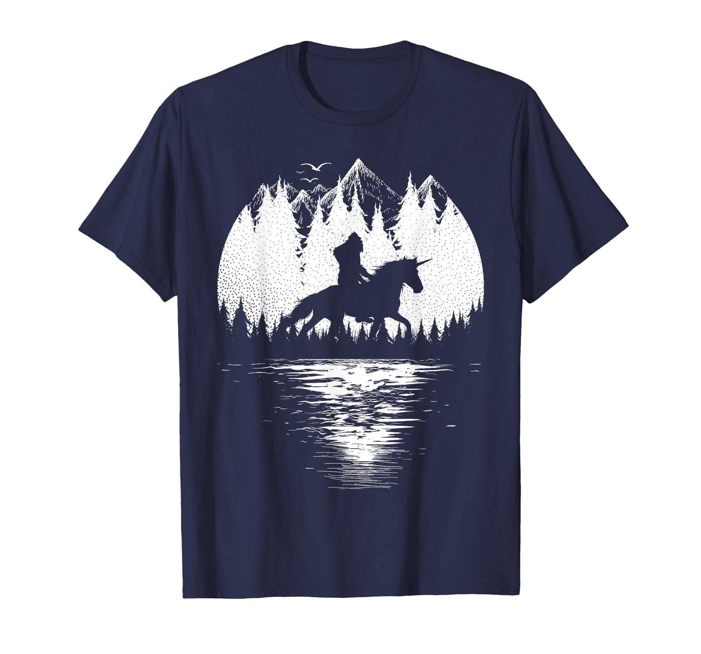 Bigfoot Riding Unicorn amidst Trees! Funny Sasquatch Unicorn T-Shirt