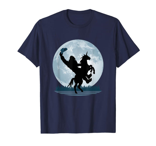 Cowboy Bigfoot on a Unicorn - Sasquatch Full Moon Forest T-Shirt