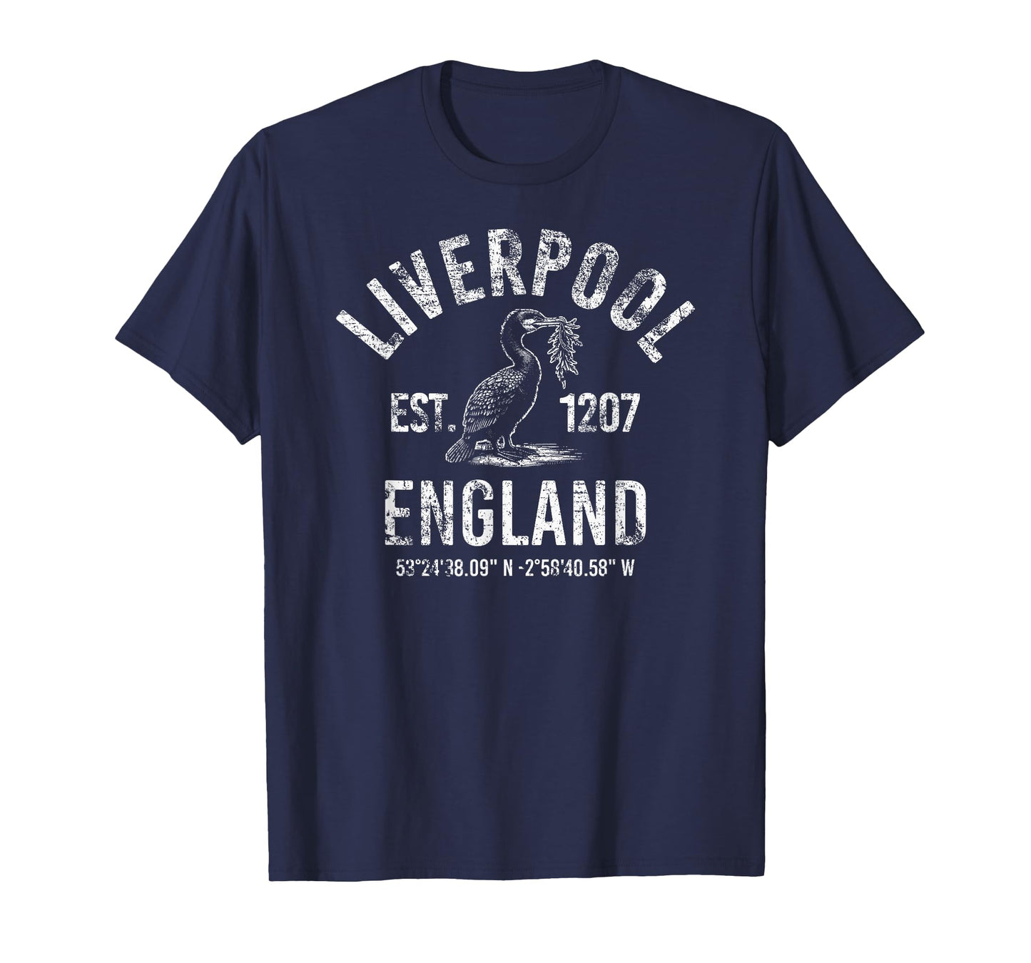 Liverpool England 1207 with Coordinates White Distressed T-Shirt