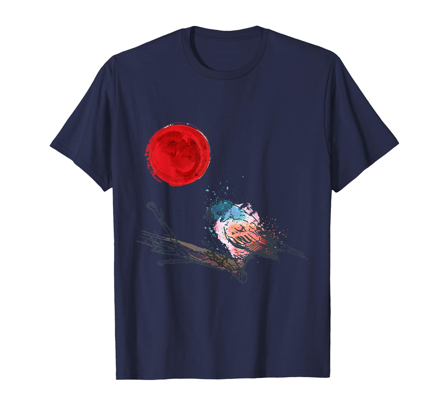 Murakami Birding Retro Colorful Bird Matching Red Moon Style T-Shirt