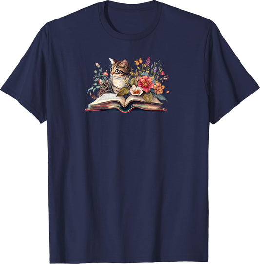 Cat Book Shirt for Women,Cat Flower Book TShirt,Cat and Book T-Shirt