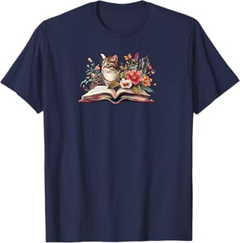 Cat Book Shirt for Women,Cat Flower Book TShirt,Cat and Book T-Shirt