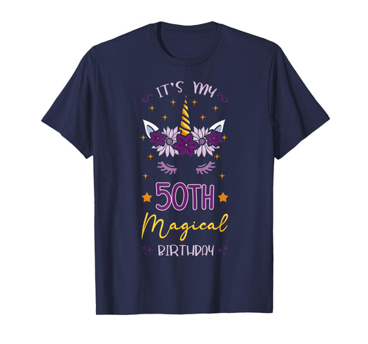 It's My 50th Magical Birthday Unicorn Floral Horn Party T-Shirt