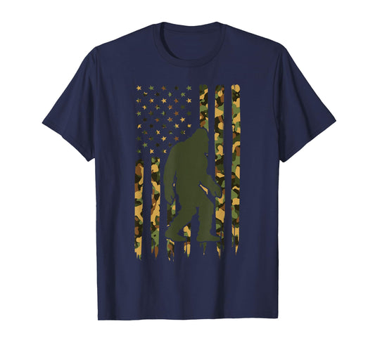 Camo Big Foot Sasquatch - Vintage Bigfoot American Flag T-Shirt