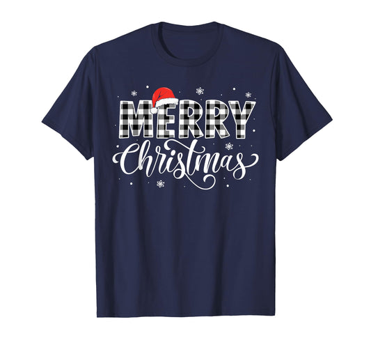 Merry Christmas Buffalo Plaid Black and White Santa Hat Xmas T-Shirt