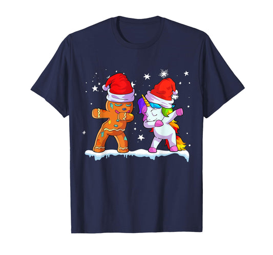 Unicorn Christmas Shirt Girl Women Santa Hat Gingerbread Man T-Shirt