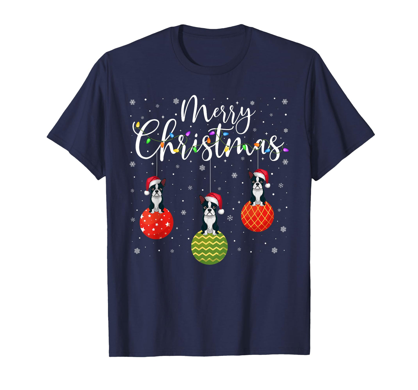Merry Christmas Lights Santa Hat Boston Terrier Ugly Xmas T-Shirt