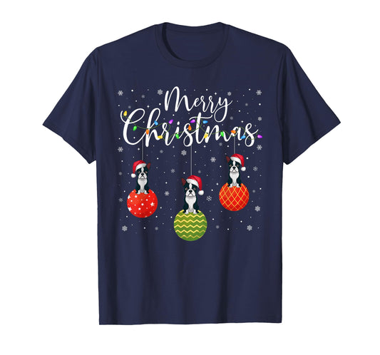 Merry Christmas Lights Santa Hat Boston Terrier Ugly Xmas T-Shirt