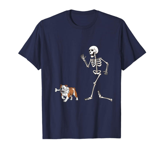 Funny Halloween Bulldog and Skeleton T-Shirt