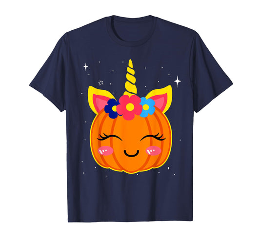 Girls Funny Halloween Costume Cute Unicorn Pumpkin Kids T-Shirt