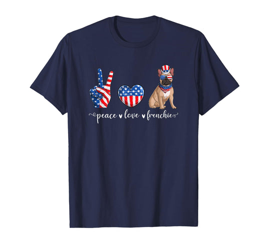 Peace Love Frenchie Patriotic US Flag 4th July T-Shirt