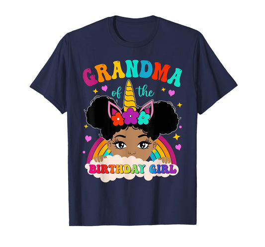 Grandma of The Birthday Girl Rainbow Afro Melanin Unicorn T-Shirt