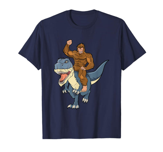 Bigfoot Sasquatch Riding Dinosaur T Rex For Boys Girls Kids T-Shirt